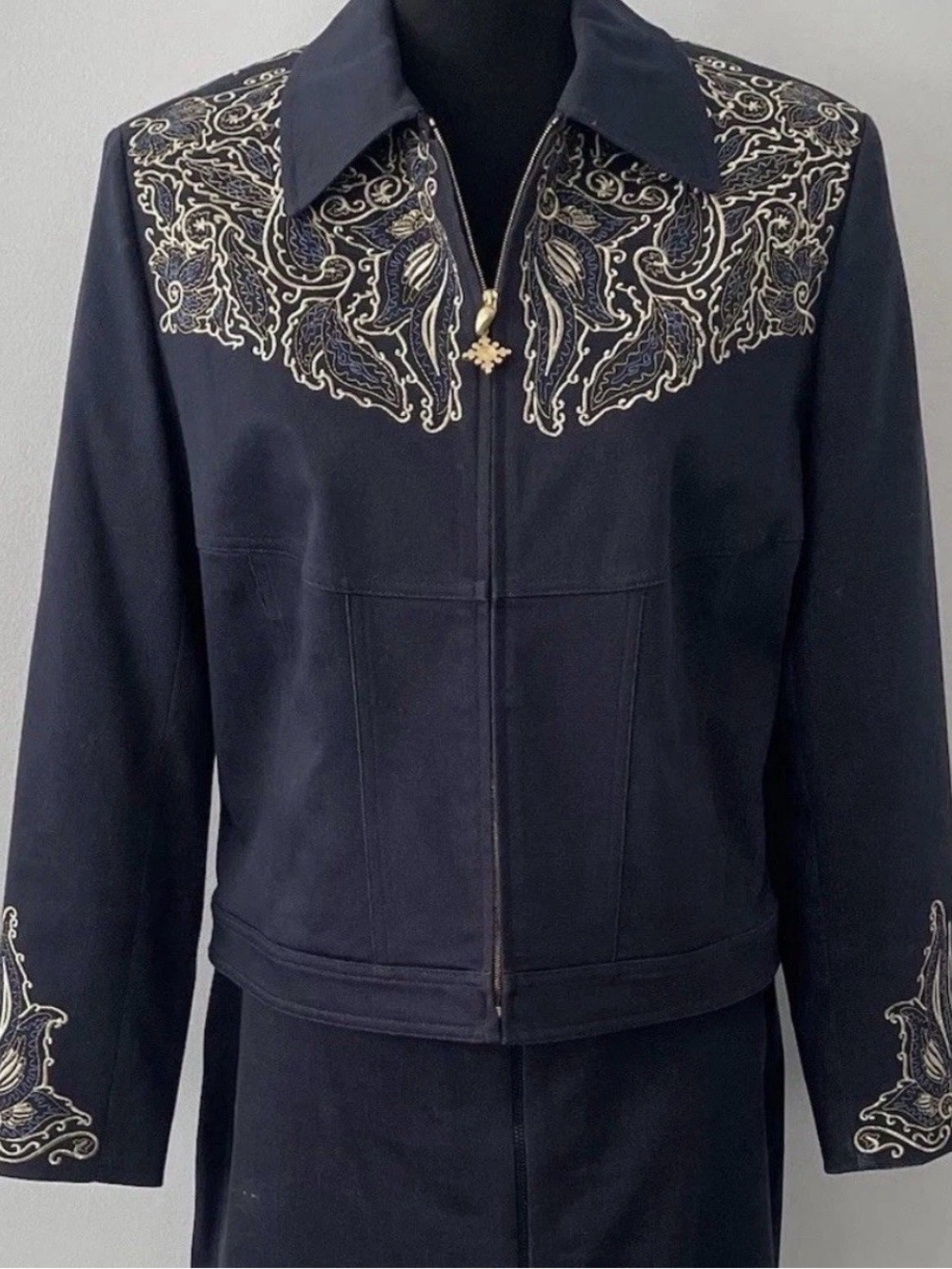 St. John Sport 2 Pc Marie Gray Denim Western Sz 8 Skirt & Zip Jacket S/M